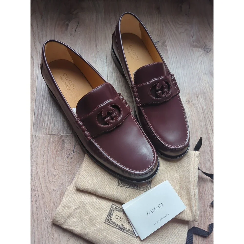 Gucci GG Interlocking Leather Loafers Bordeaux Mens 10